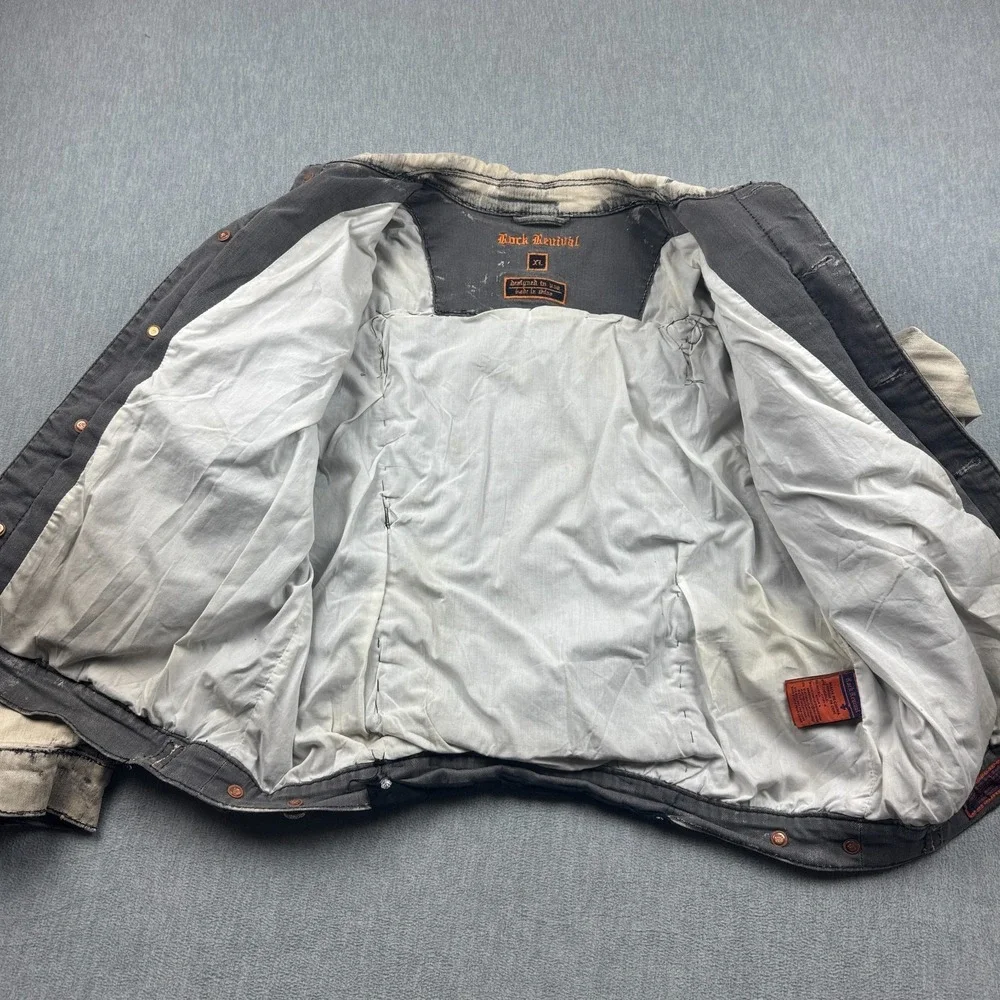 VTG‎ Rock Revival Jacket Mens XL Gray Distressed Studded Rare Custom Patch Skull